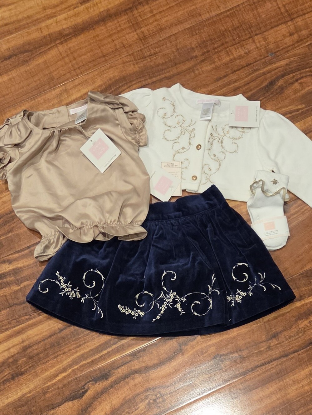 Janie & Jack NWT 18-24 Month Gold Top, Velvet Skirt, Embroidered Cardigan, Socks